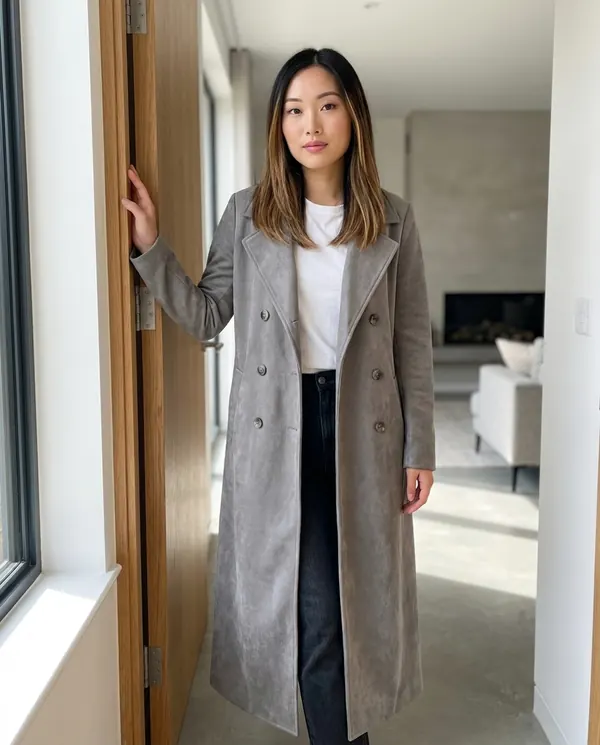 Satin Eve styling: Long Faux Suede Coat