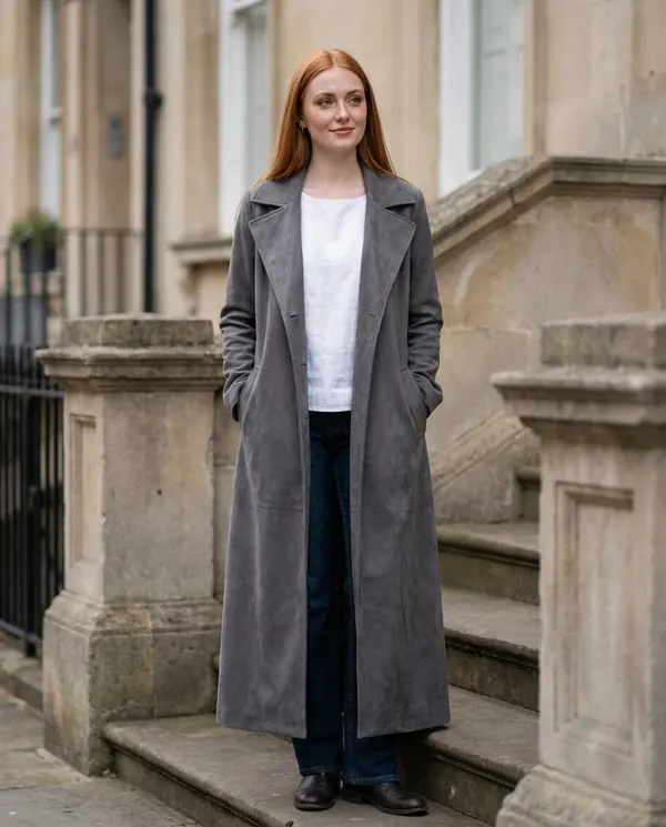 Satin Eve styling: Long Faux Suede Coat