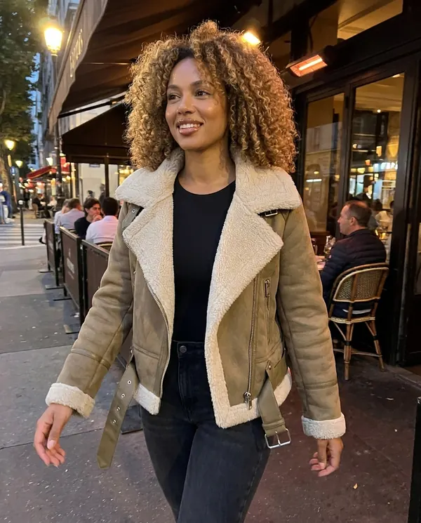 Satin Eve styling: Faux Suede Biker Jacket with Faux Shearling Lapel