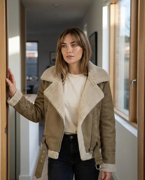 Satin Eve styling: Faux Suede Biker Jacket with Faux Shearling Lapel
