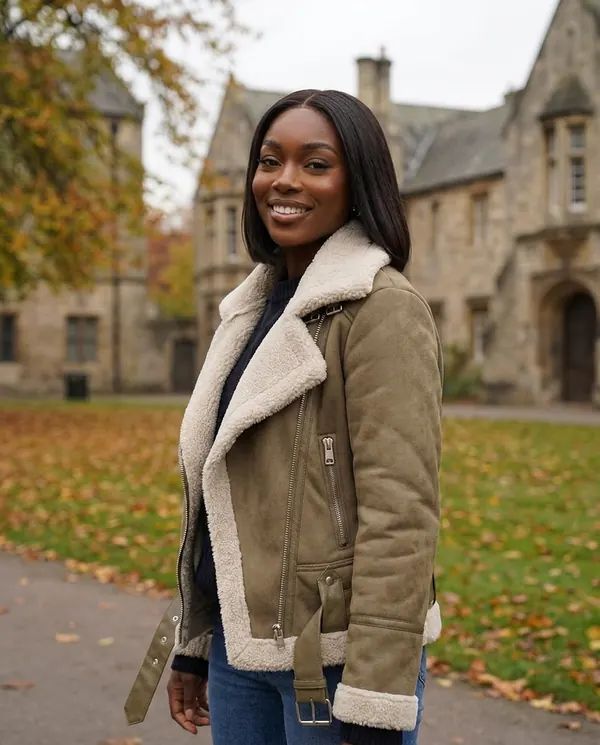 Satin Eve styling: Faux Suede Biker Jacket with Faux Shearling Lapel