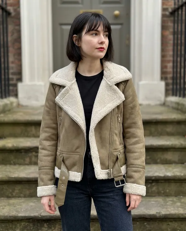 Satin Eve styling: Faux Suede Biker Jacket with Faux Shearling Lapel