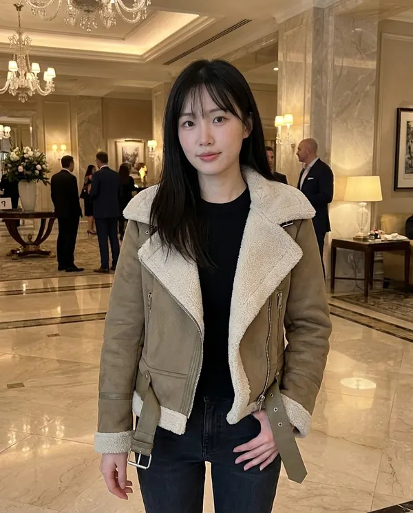 Satin Eve styling: Faux Suede Biker Jacket with Faux Shearling Lapel