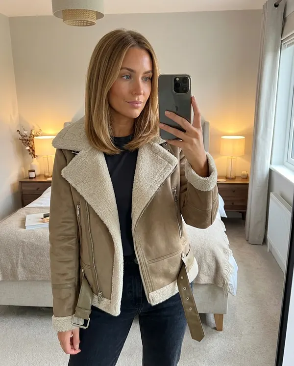 Satin Eve styling: Faux Suede Biker Jacket with Faux Shearling Lapel
