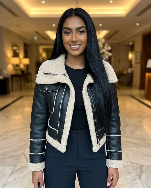 Satin Eve styling: Faux Shearling Cropped Aviator Jacket