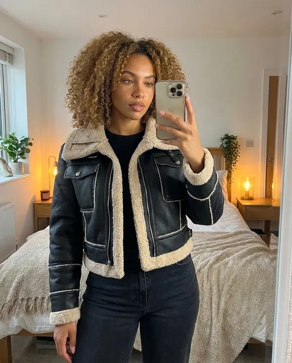 Satin Eve styling: Faux Shearling Cropped Aviator Jacket