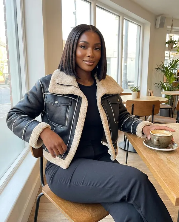 Satin Eve styling: Faux Shearling Cropped Aviator Jacket