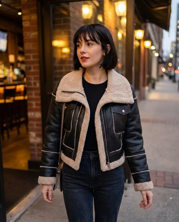 Satin Eve styling: Faux Shearling Cropped Aviator Jacket