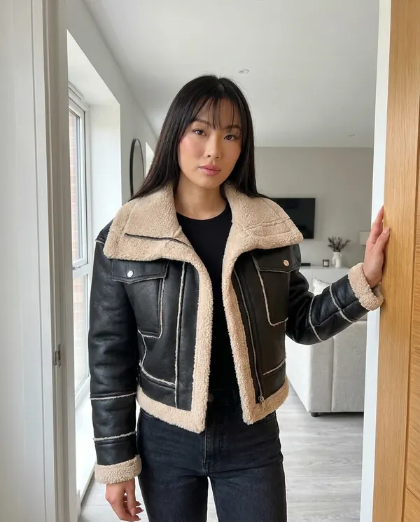Satin Eve styling: Faux Shearling Cropped Aviator Jacket