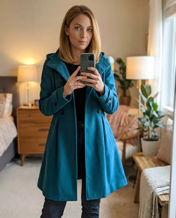 Satin Eve styling: Hooded A-Line Wool-Look Coat