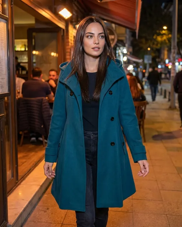 Satin Eve styling: Hooded A-Line Wool-Look Coat