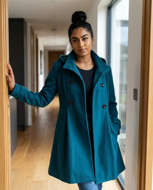 Satin Eve styling: Hooded A-Line Wool-Look Coat