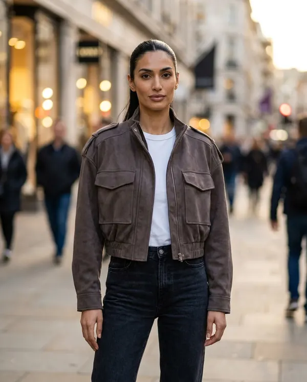 Satin Eve styling: Faux Suede Cargo-Pocket Bomber Jacket