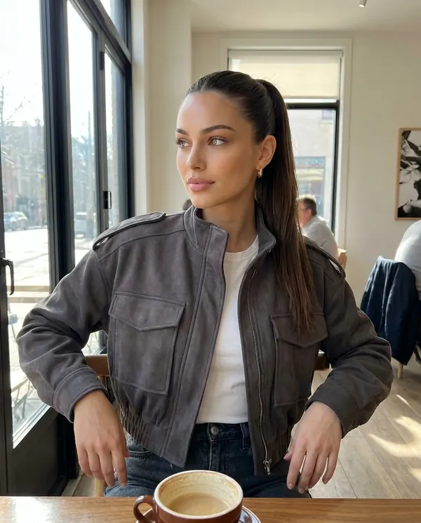 Satin Eve styling: Faux Suede Cargo-Pocket Bomber Jacket