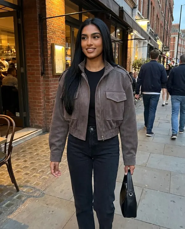 Satin Eve styling: Faux Suede Cargo-Pocket Bomber Jacket