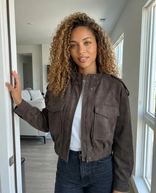 Satin Eve styling: Faux Suede Cargo-Pocket Bomber Jacket