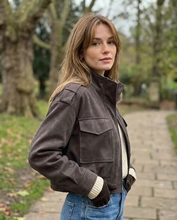 Satin Eve styling: Faux Suede Cargo-Pocket Bomber Jacket