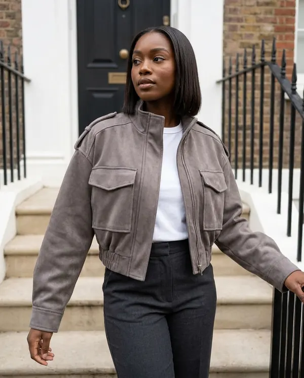 Satin Eve styling: Faux Suede Cargo-Pocket Bomber Jacket