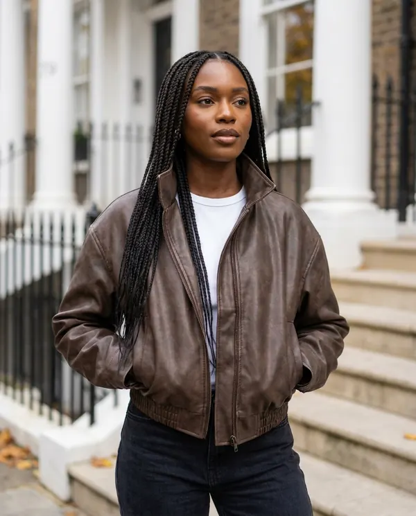 Satin Eve styling: Faux Leather Aged-Finish Zip Bomber Jacket