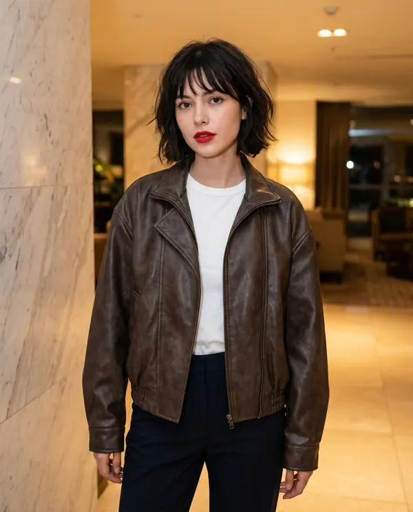 Satin Eve styling: Faux Leather Aged-Finish Zip Bomber Jacket