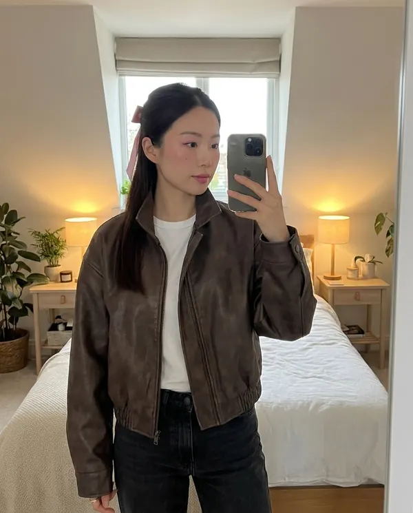 Satin Eve styling: Faux Leather Aged-Finish Zip Bomber Jacket