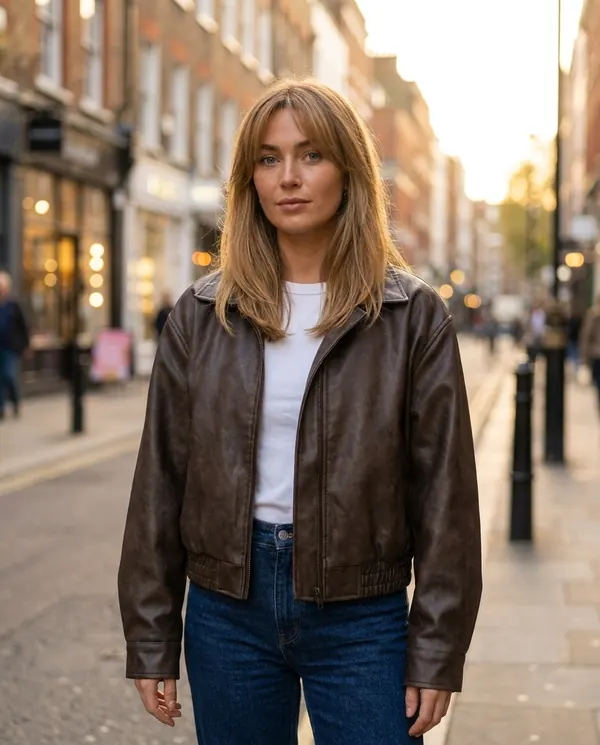 Satin Eve styling: Faux Leather Aged-Finish Zip Bomber Jacket
