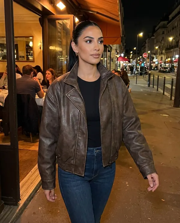 Satin Eve styling: Faux Leather Aged-Finish Zip Bomber Jacket