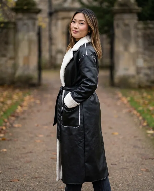 Satin Eve styling: Belted Long Faux Leather Coat