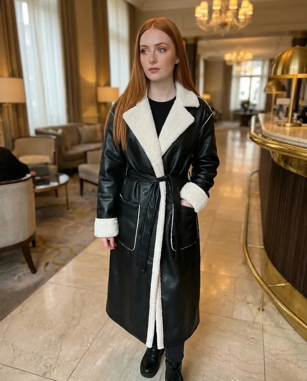 Satin Eve styling: Belted Long Faux Leather Coat