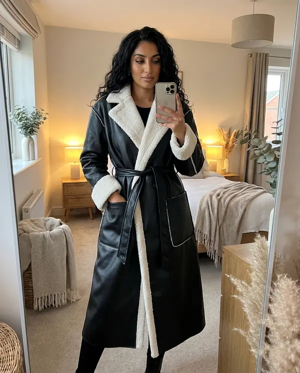 Satin Eve styling: Belted Long Faux Leather Coat