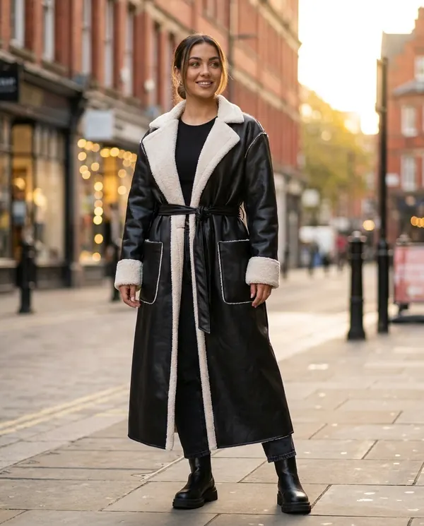 Satin Eve styling: Belted Long Faux Leather Coat