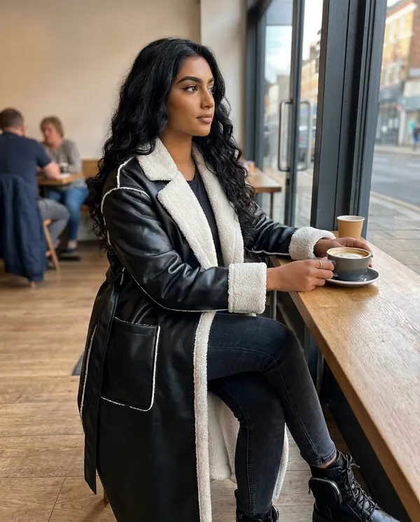 Satin Eve styling: Belted Long Faux Leather Coat