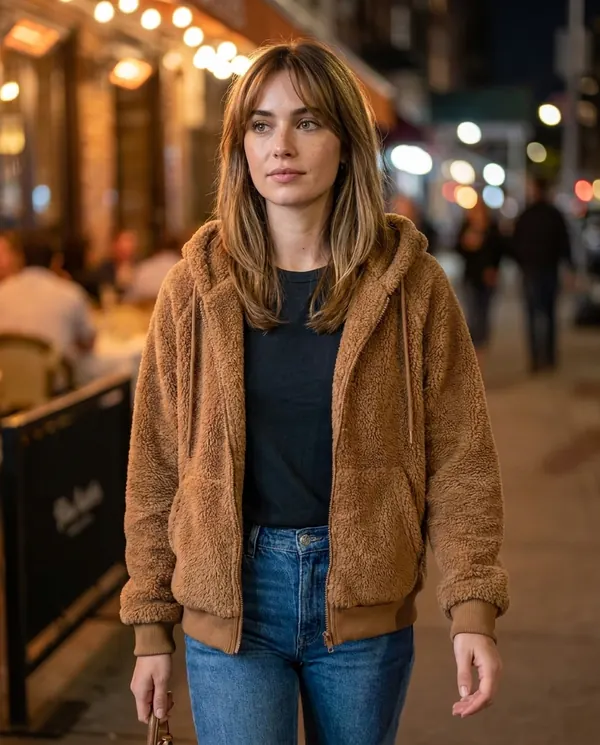 Satin Eve styling: Faux Teddy Hooded Zip Jacket