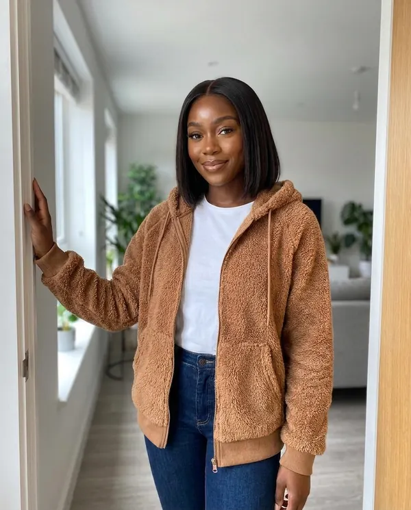 Satin Eve styling: Faux Teddy Hooded Zip Jacket