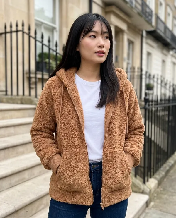 Satin Eve styling: Faux Teddy Hooded Zip Jacket