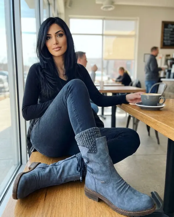 Satin Eve styling: Back-Lace Knit-Cuff Mid-Calf Boot