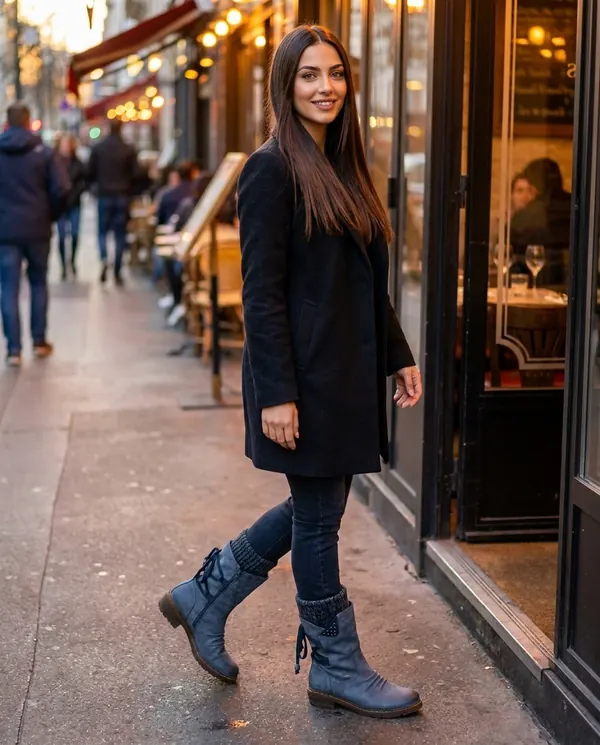 Satin Eve styling: Back-Lace Knit-Cuff Mid-Calf Boot
