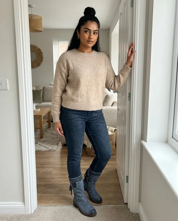 Satin Eve styling: Back-Lace Knit-Cuff Mid-Calf Boot