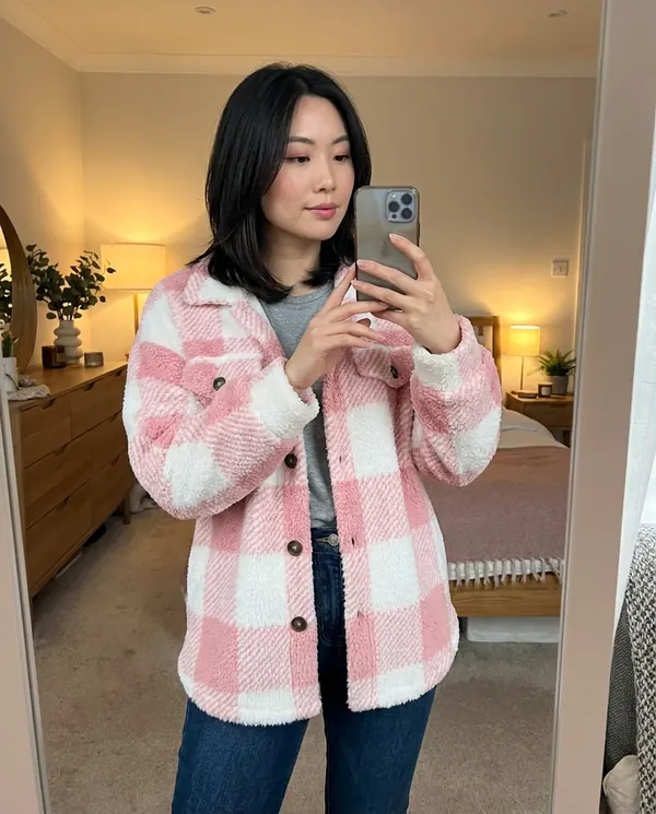 Satin Eve styling: Faux Teddy Check Shacket