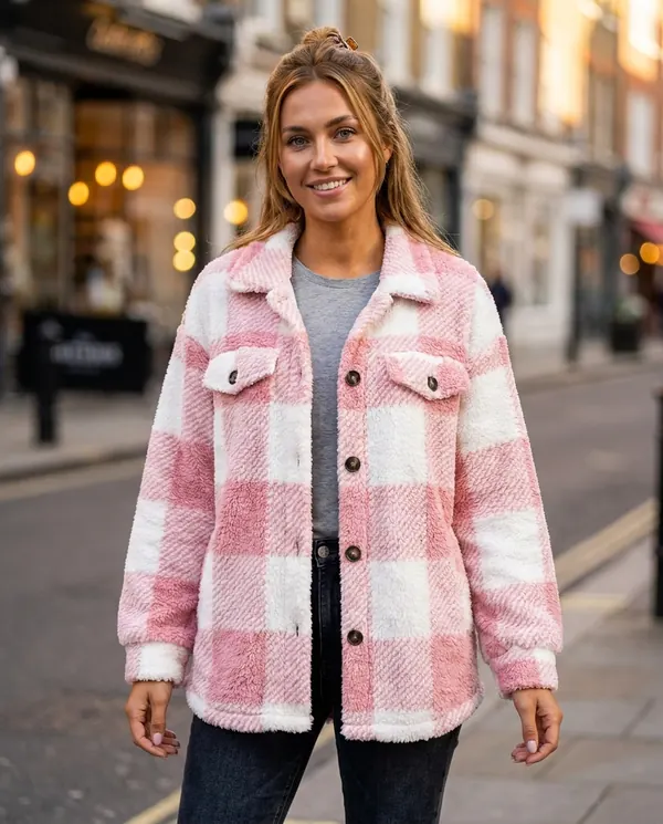 Satin Eve styling: Faux Teddy Check Shacket