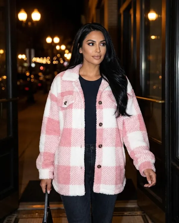 Satin Eve styling: Faux Teddy Check Shacket