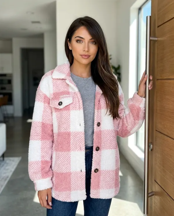Satin Eve styling: Faux Teddy Check Shacket