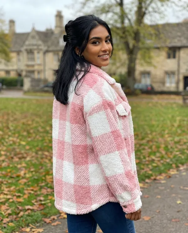 Satin Eve styling: Faux Teddy Check Shacket
