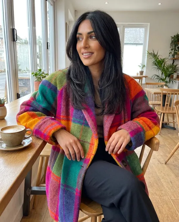 Satin Eve styling: Bold Check Wool-Look Coat