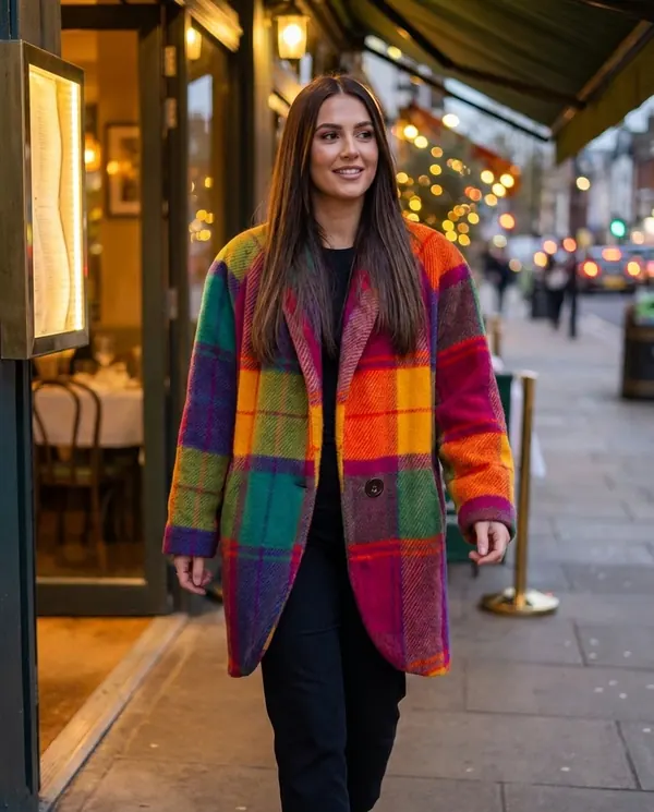 Satin Eve styling: Bold Check Wool-Look Coat