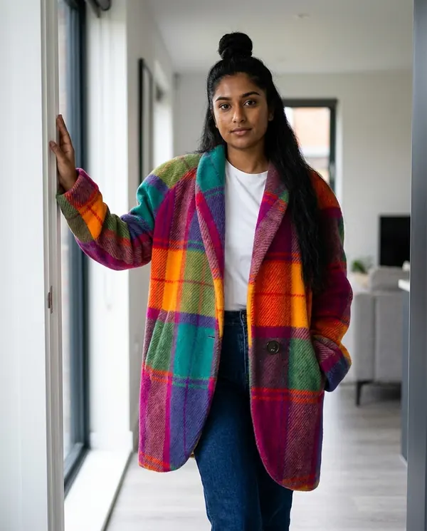 Satin Eve styling: Bold Check Wool-Look Coat