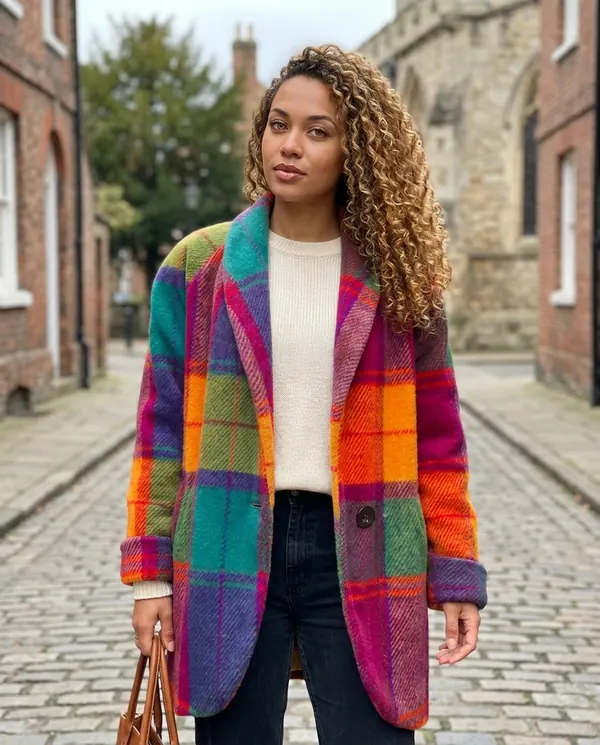 Satin Eve styling: Bold Check Wool-Look Coat