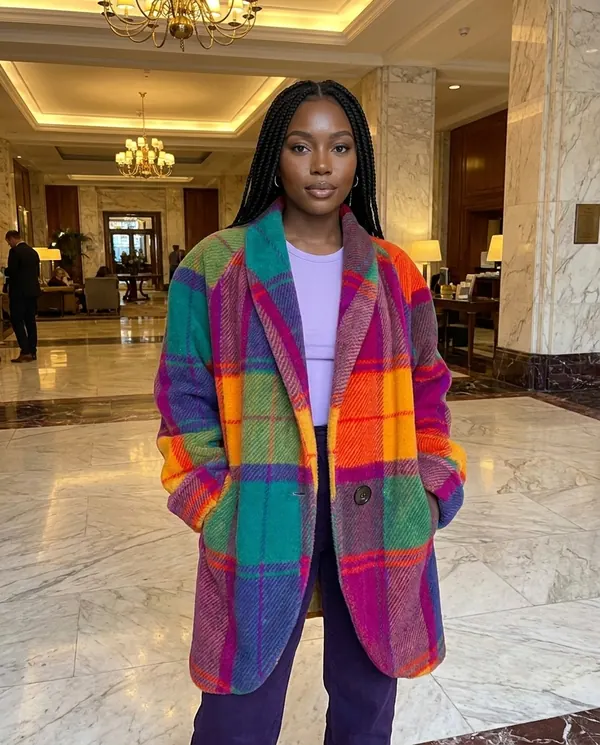 Satin Eve styling: Bold Check Wool-Look Coat