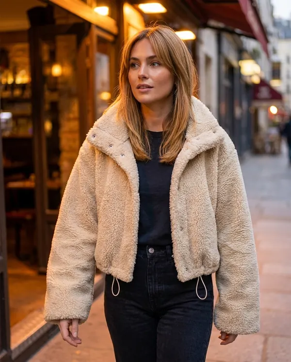 Satin Eve styling: Faux Teddy Cropped Stand-Collar Jacket