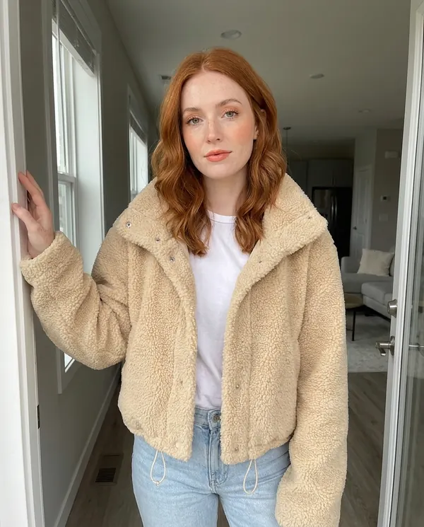 Satin Eve styling: Faux Teddy Cropped Stand-Collar Jacket